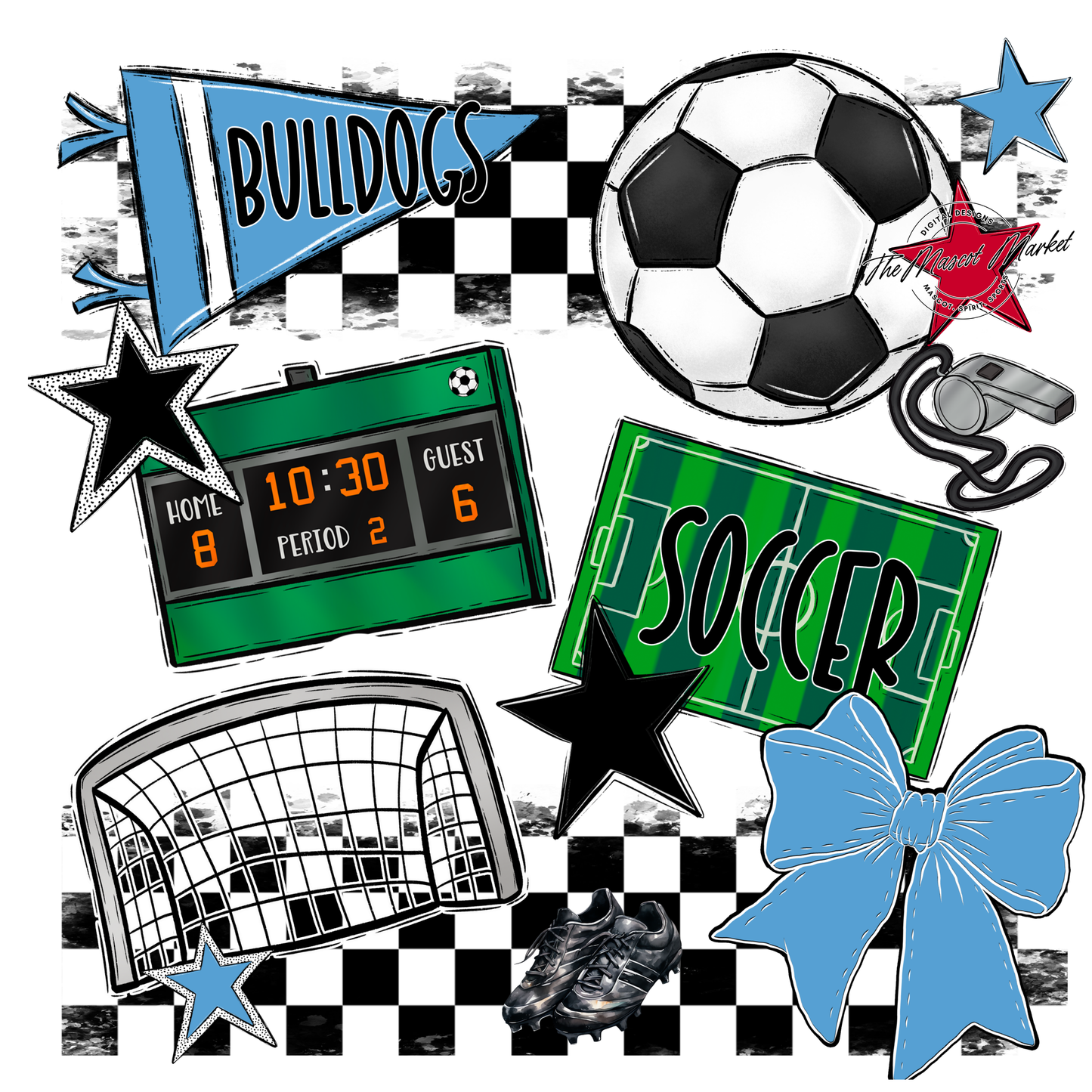 Bulldogs Checkers Soccer Spirit Design-Carolina Blue