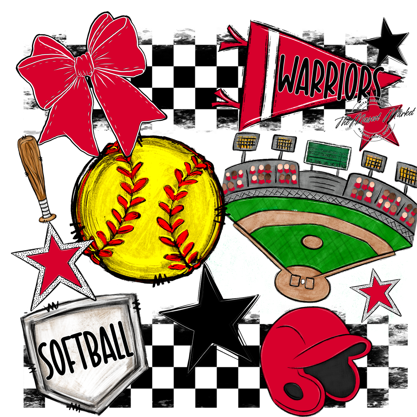 Warriors Checkers Softball Spirit Design-Red