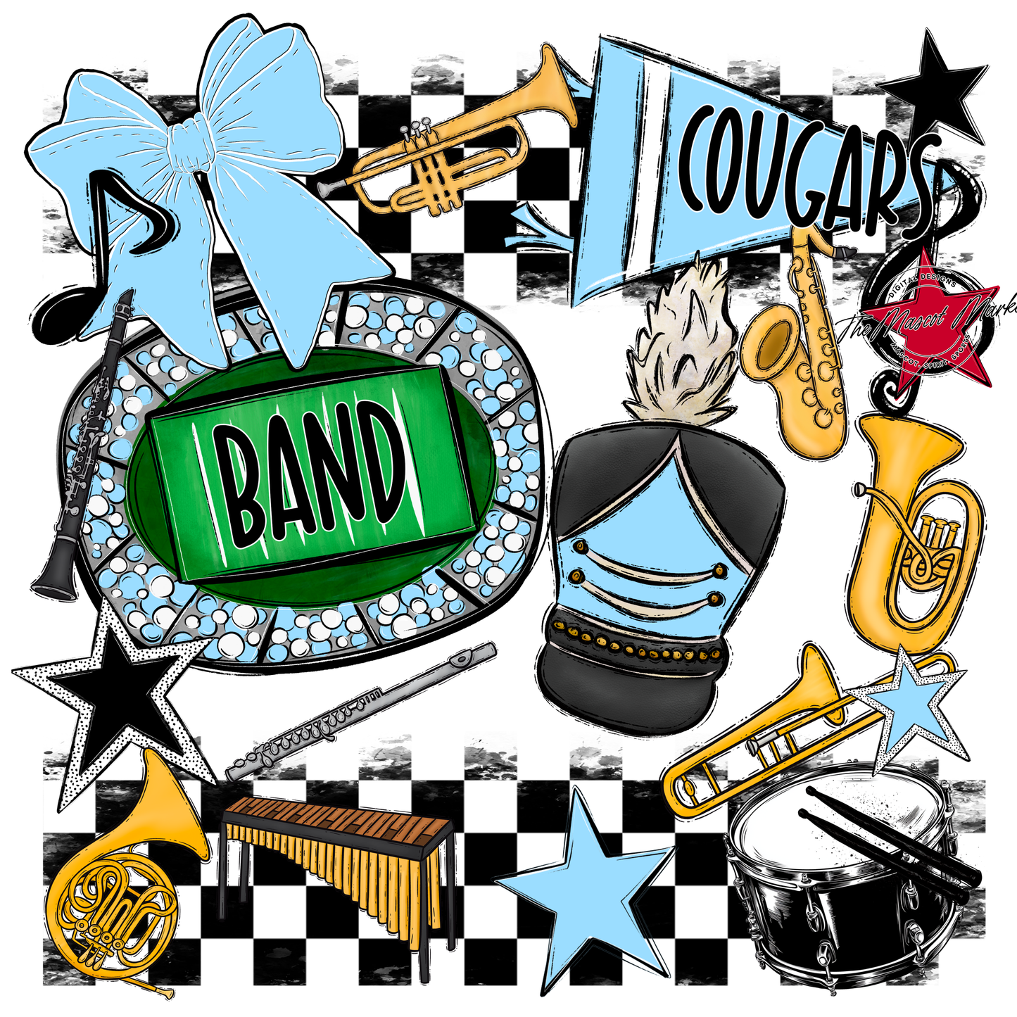 Cougars Checkers Band Spirit Design-Columbia Blue