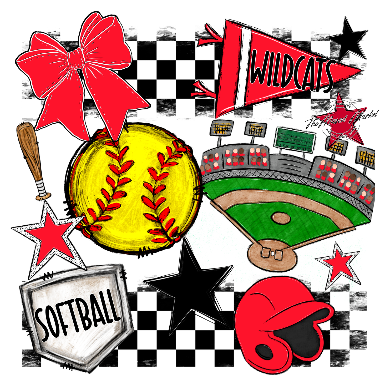 Wildcats Checkers Softball Spirit Design-Bright Red
