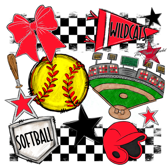 Wildcats Checkers Softball Spirit Design-Bright Red