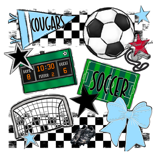 Cougars Checkers Soccer Spirit Design-Columbia Blue