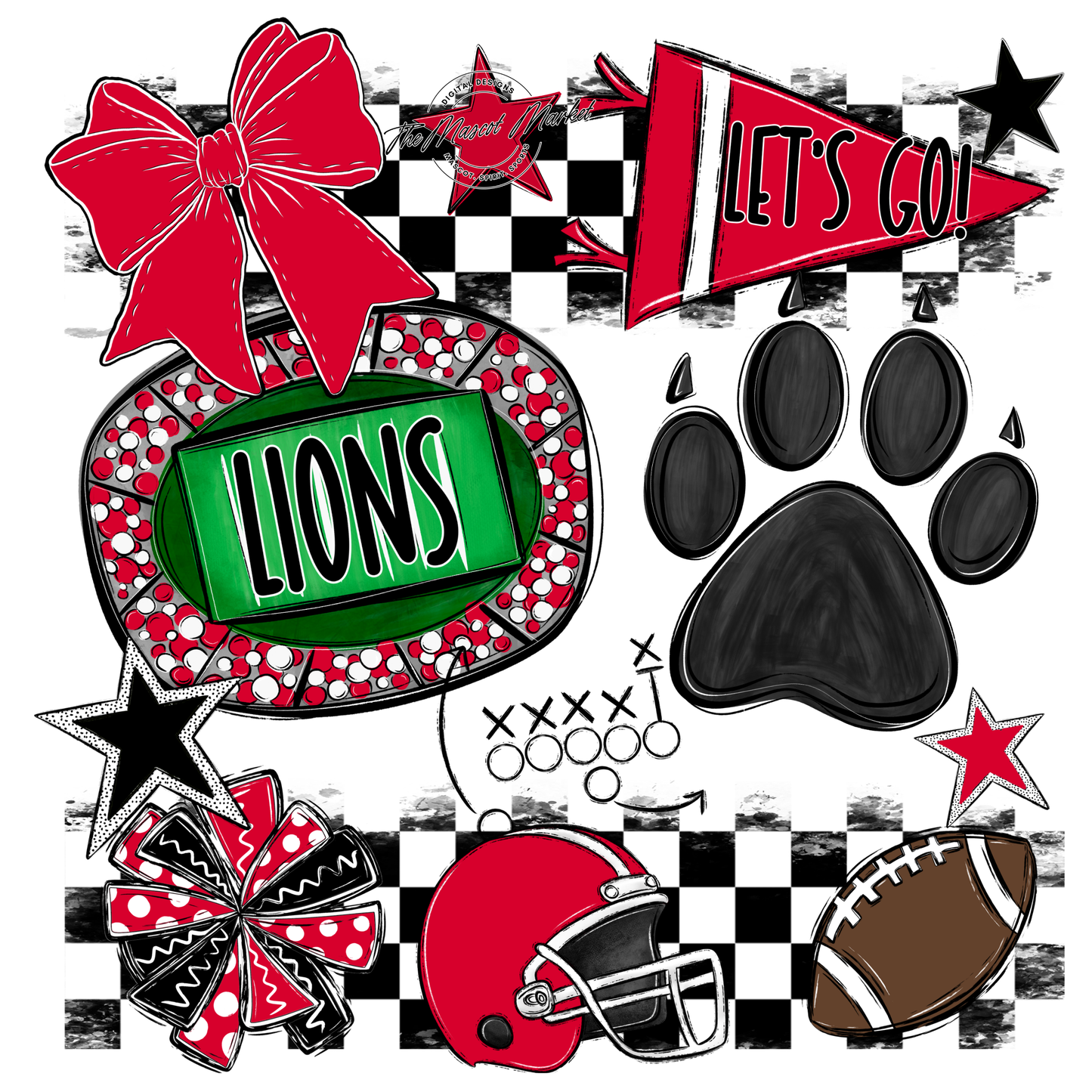 Lions Checkers Mascot Spirit Design w Paw-Red