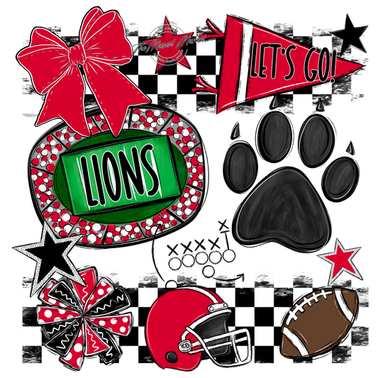 Lions Checkers Mascot Spirit Design w Paw-Red