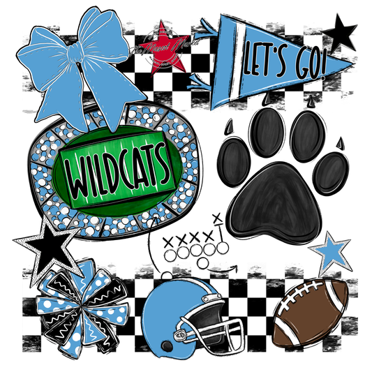 Wildcats Checkers Mascot Spirit Design w Paw-Carolina Blue
