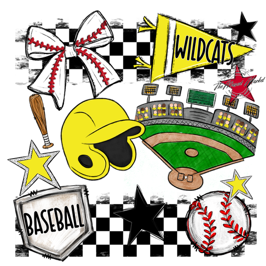 Wildcats Checkers Baseball Spirit Design-Bright Yellow