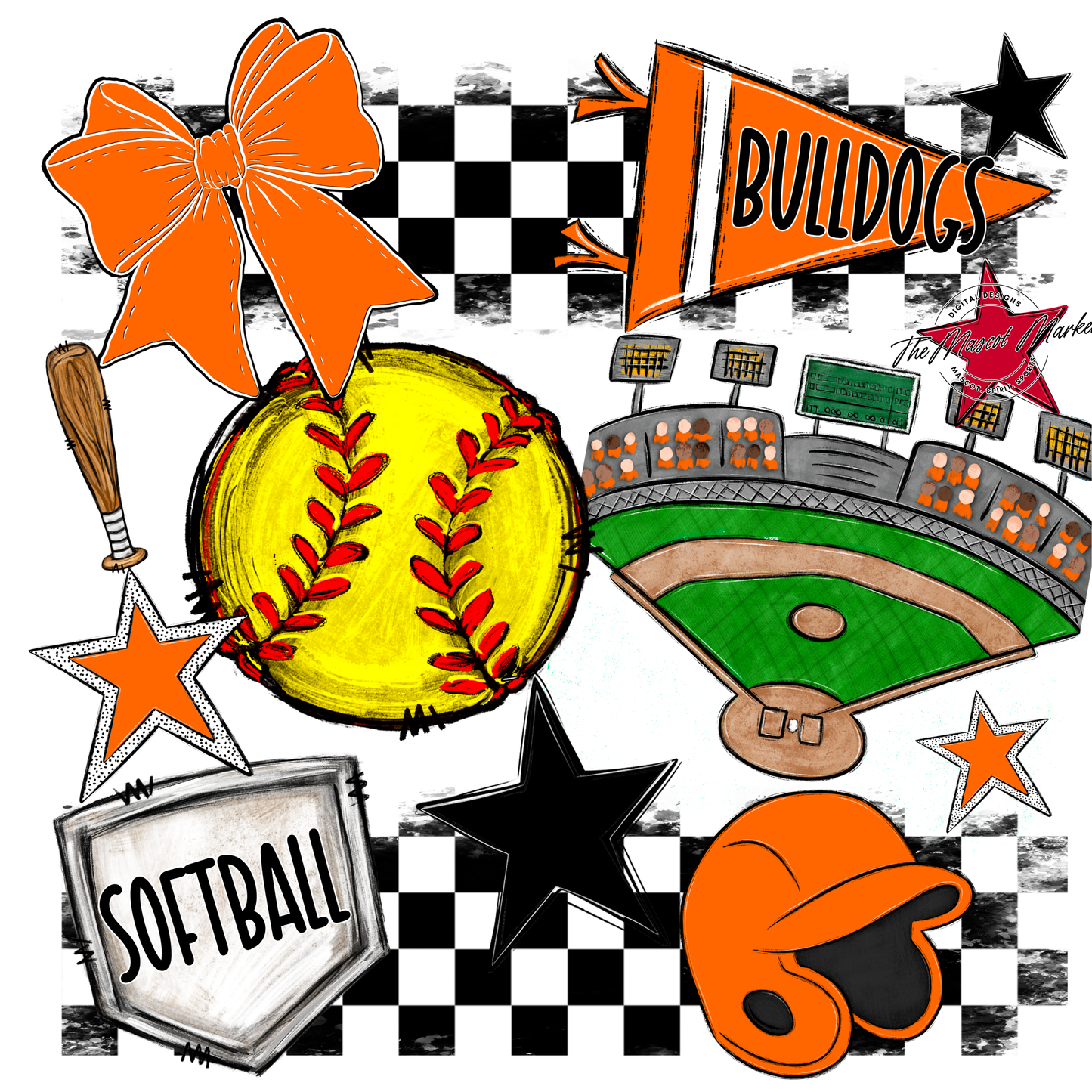 Bulldogs Checkers Softball Spirit Design-Orange