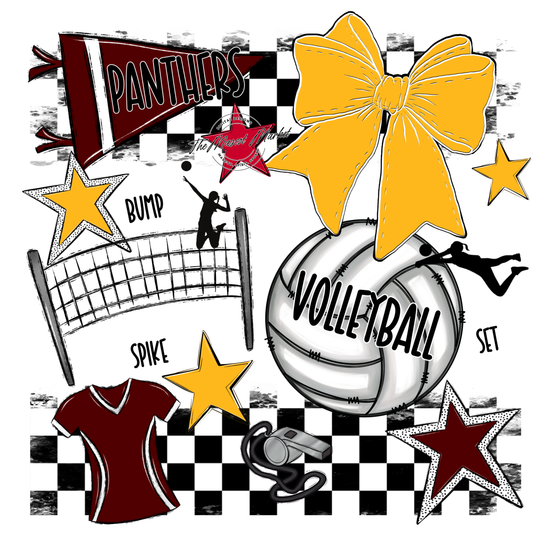 Panthers Checkers Volleyball Spirit Design-Maroon-Yellow