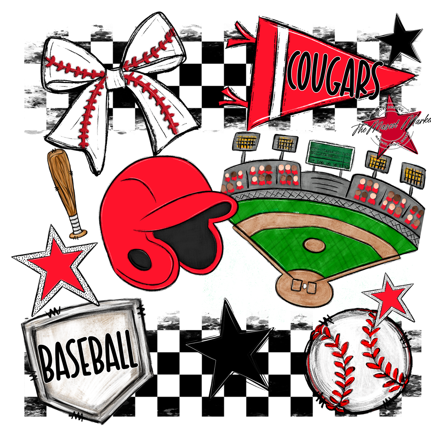 Cougars Checkers Baseball Spirit Design-Bright Red