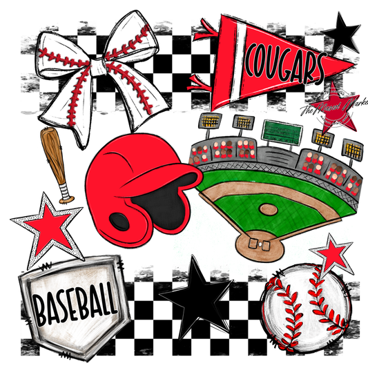 Cougars Checkers Baseball Spirit Design-Bright Red