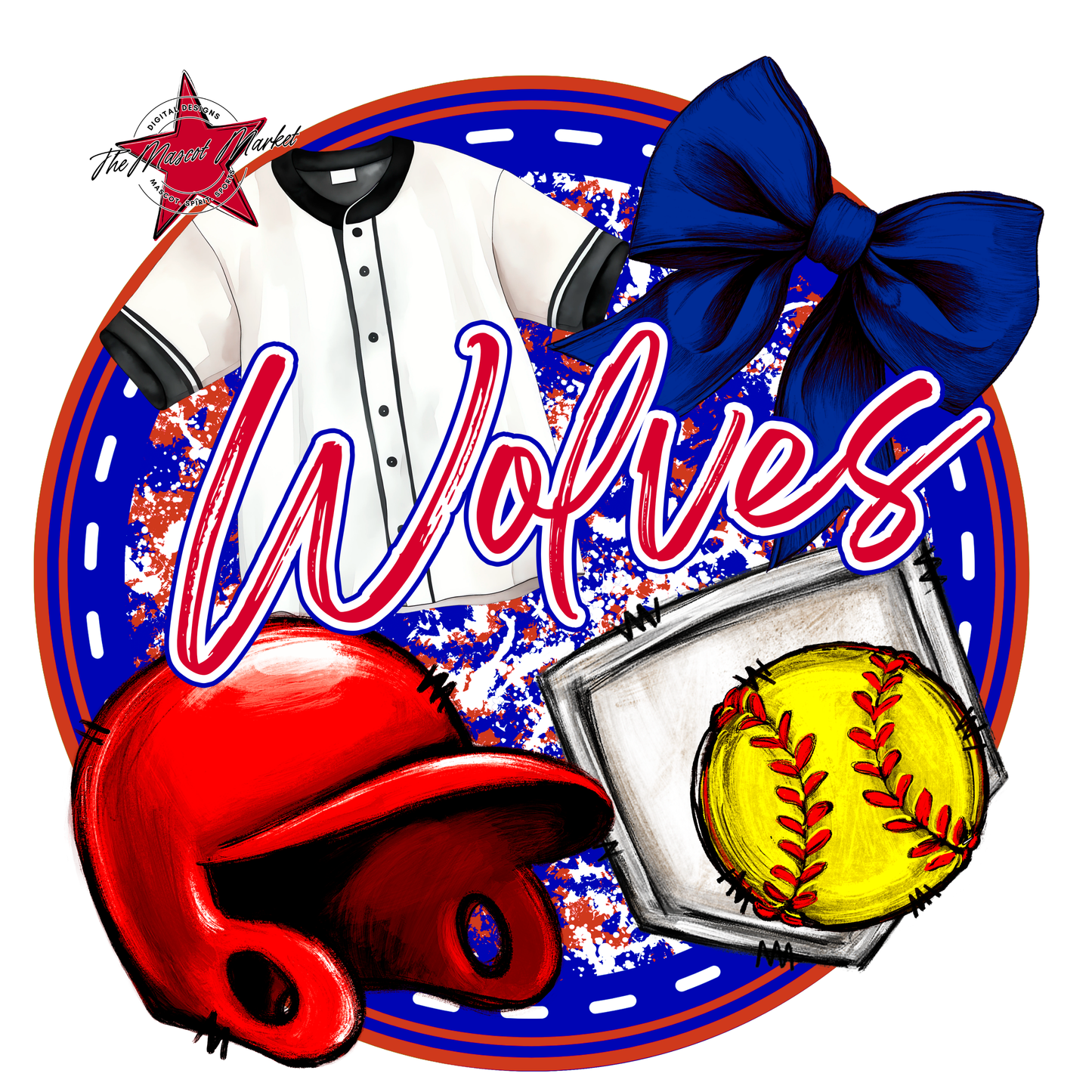 Wolves Circle Softball Design-Blue-Red