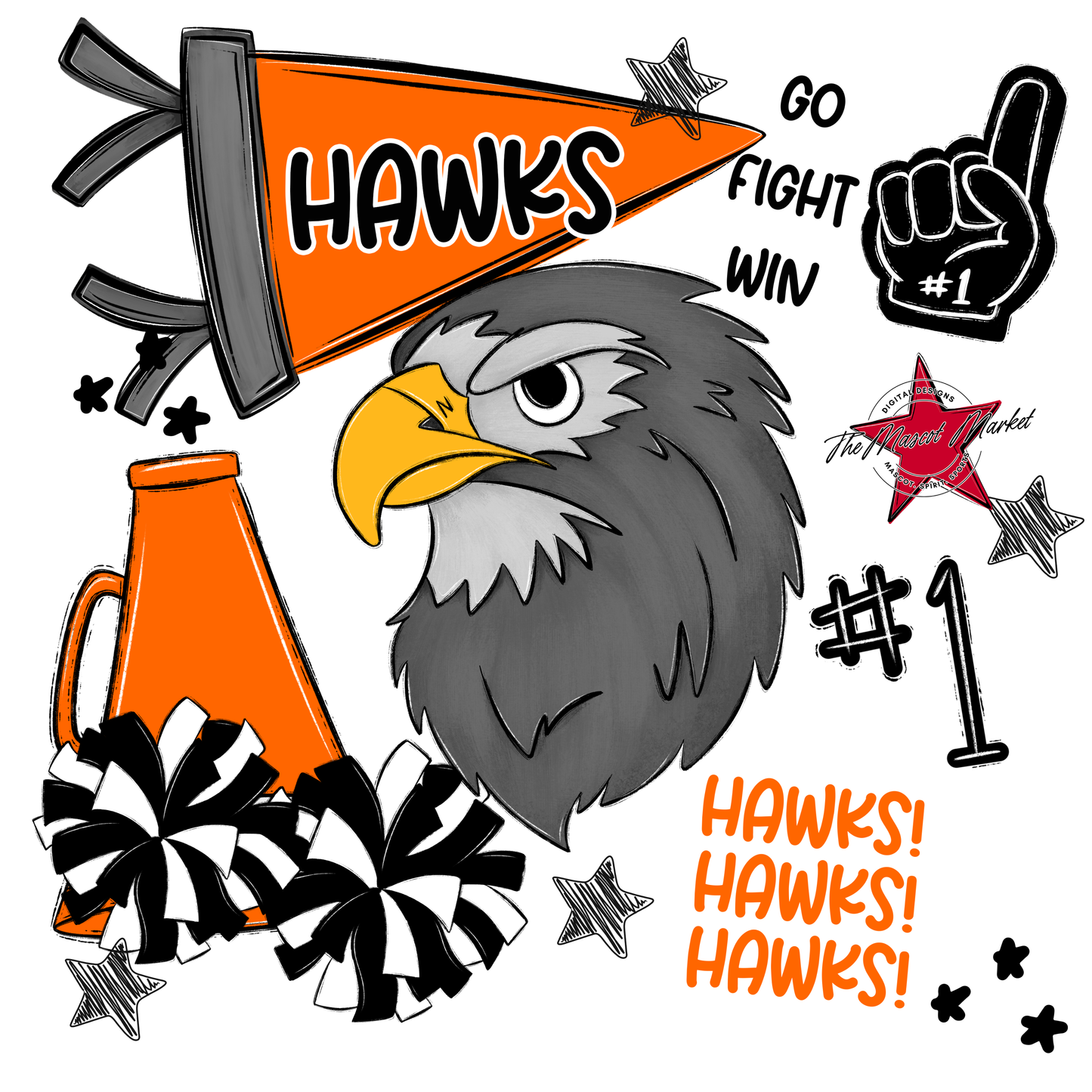 Hawks Mixed Mascot Spirit Design-Orange