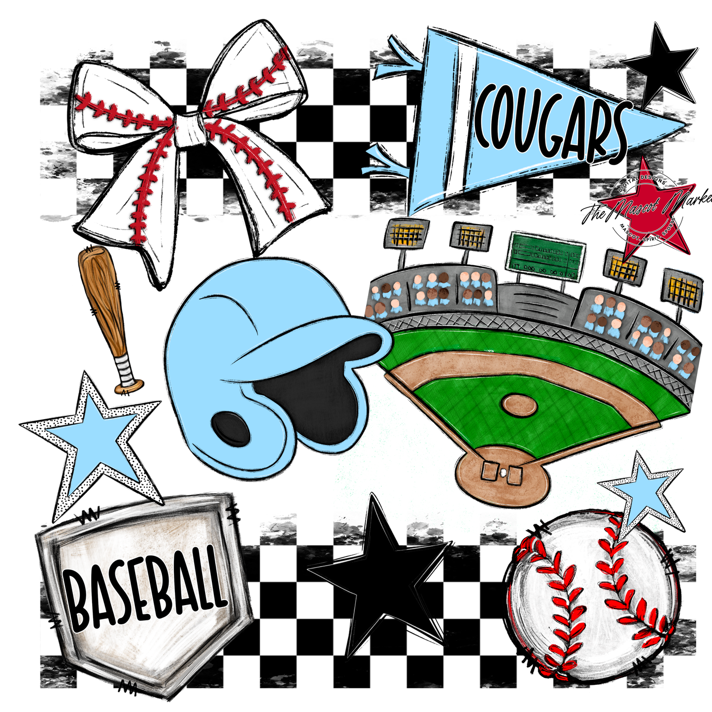 Cougars Checkers Baseball Spirit Design-Columbia Blue