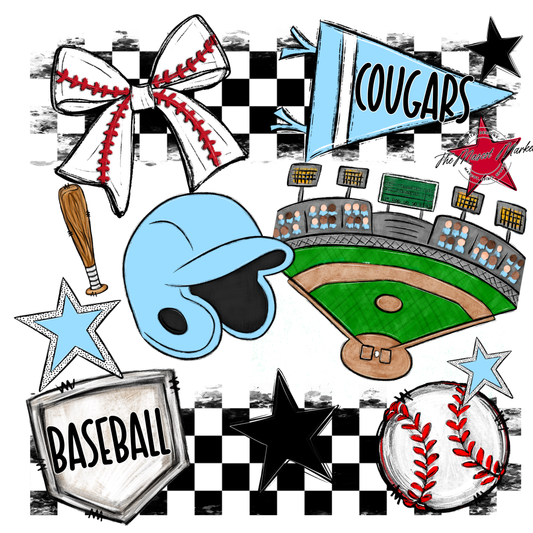 Cougars Checkers Baseball Spirit Design-Columbia Blue