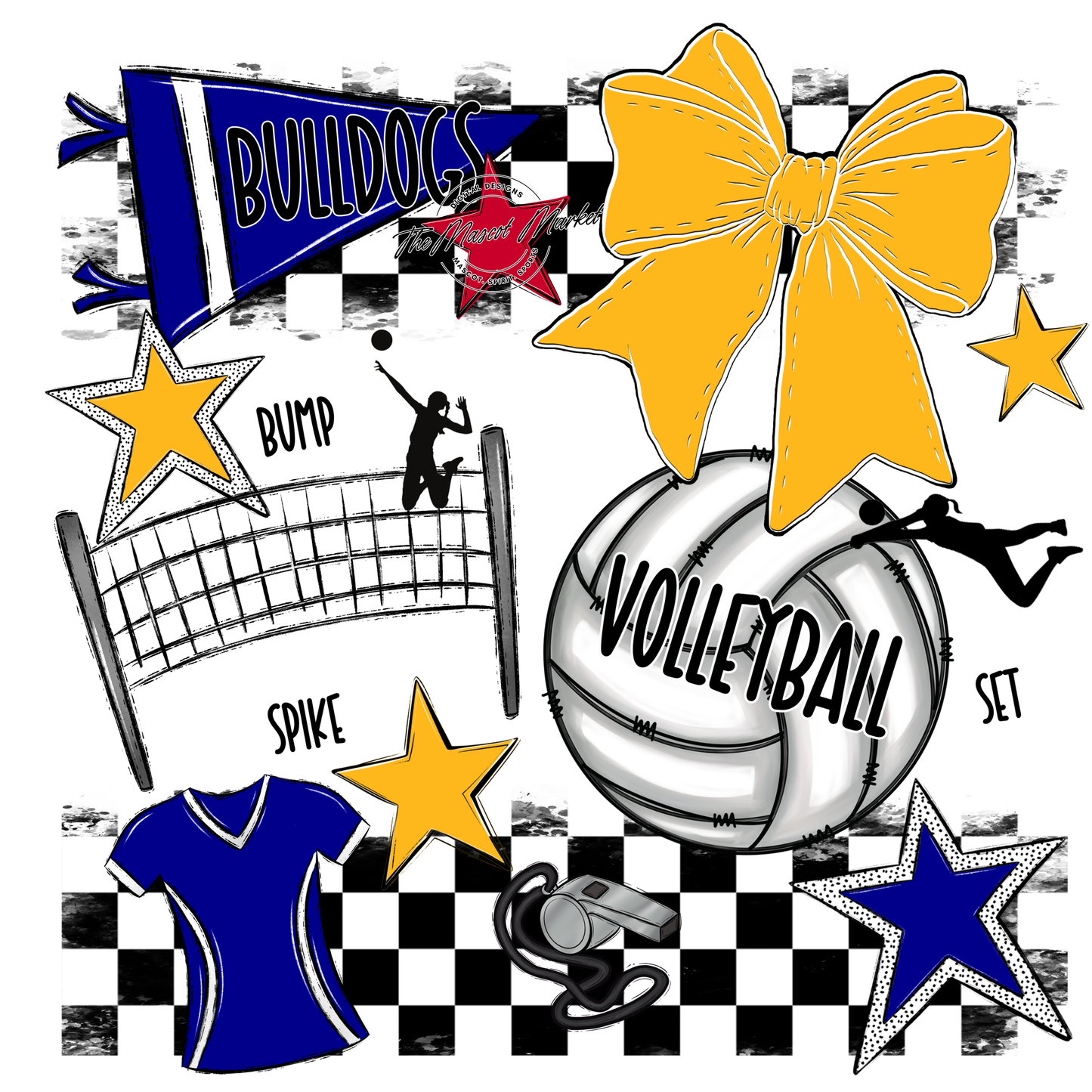 Bulldogs Checkers Volleyball Spirit Design-Blue-Yellow