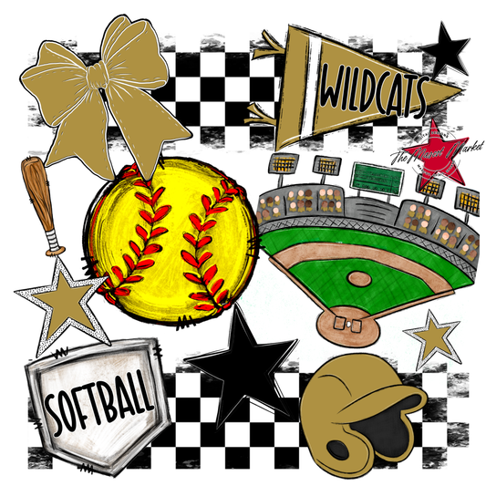 Wildcats Checkers Softball Spirit Design-Gold