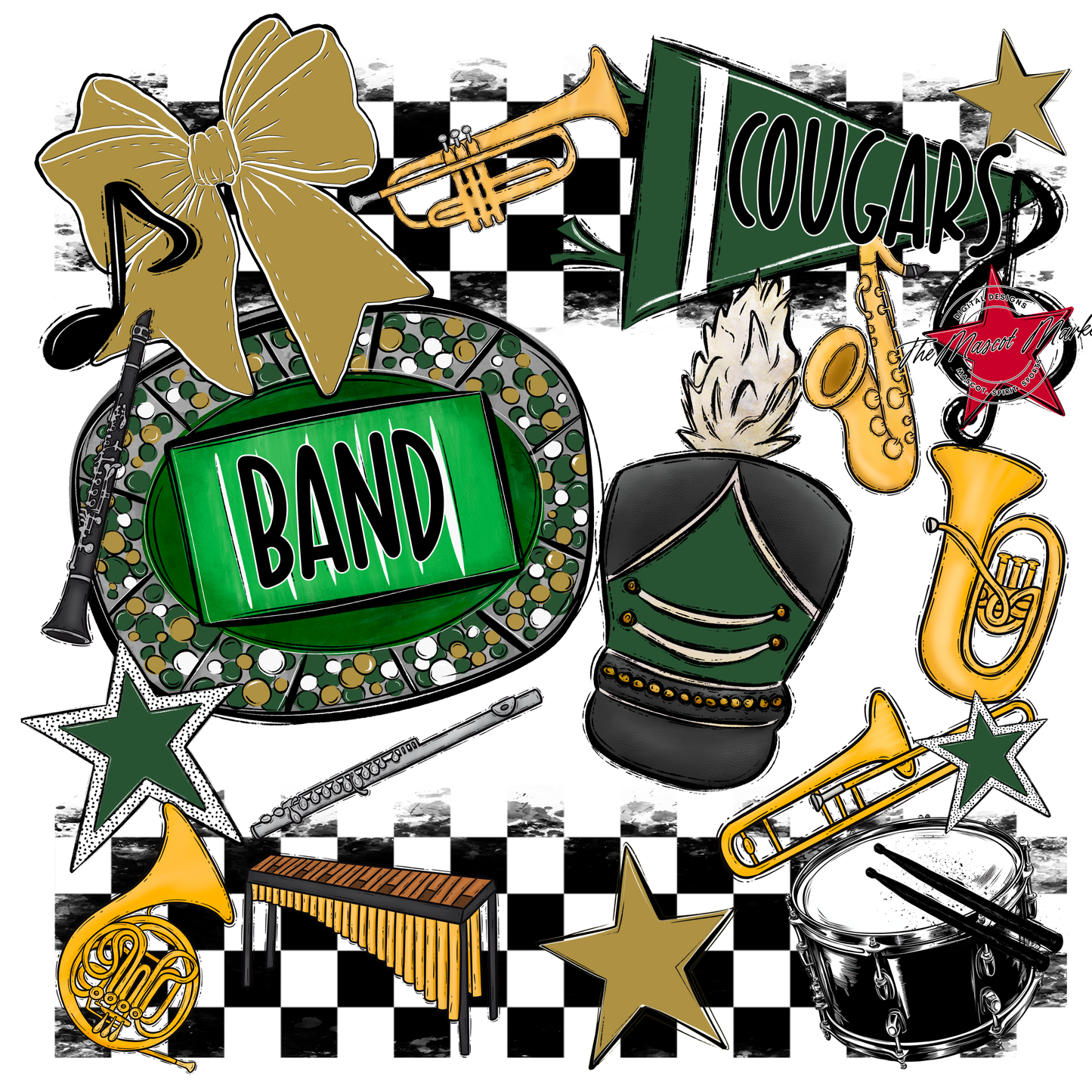 Cougars Checkers Band Spirit Design-Green-Gold