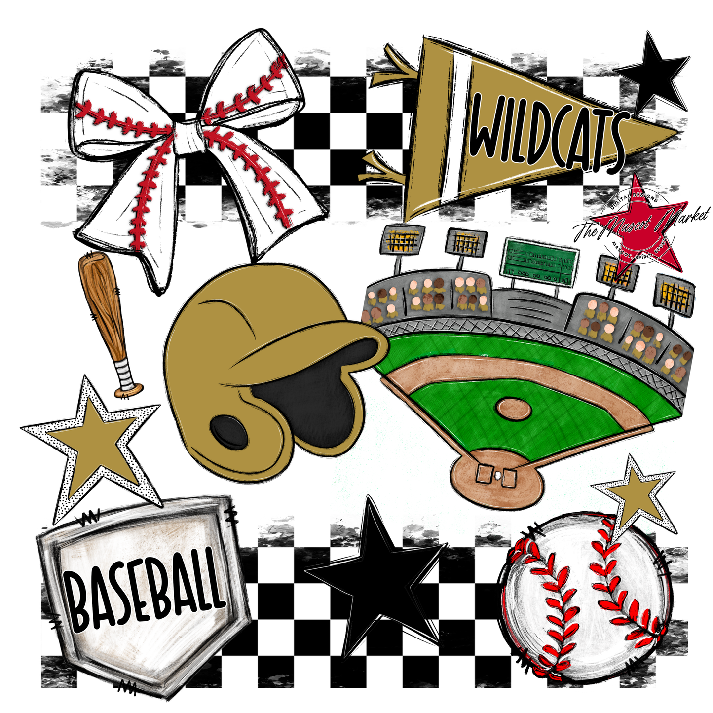 Wildcats Checkers Baseball Spirit Design-Gold