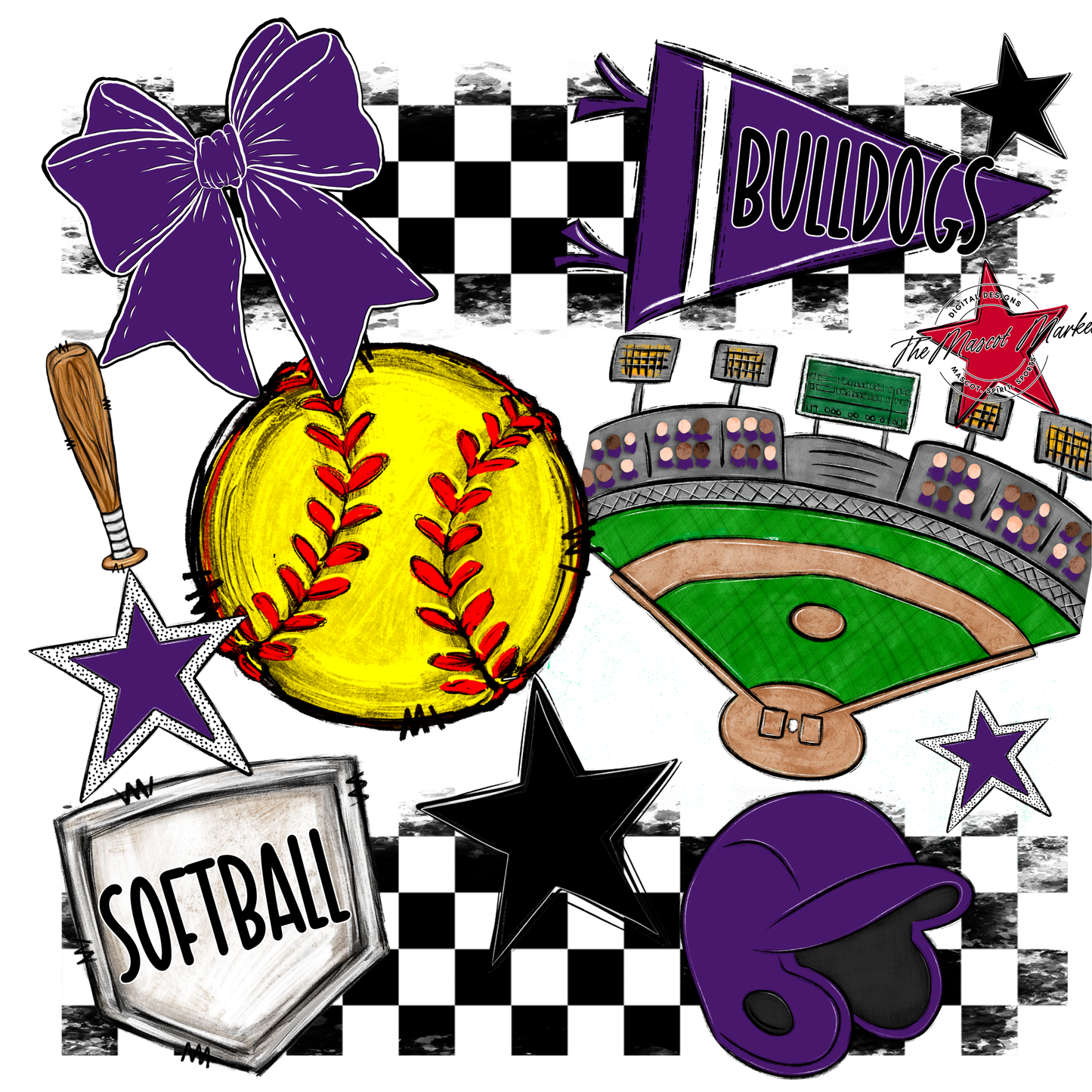 Bulldogs Checkers Softball Spirit Design-Purple