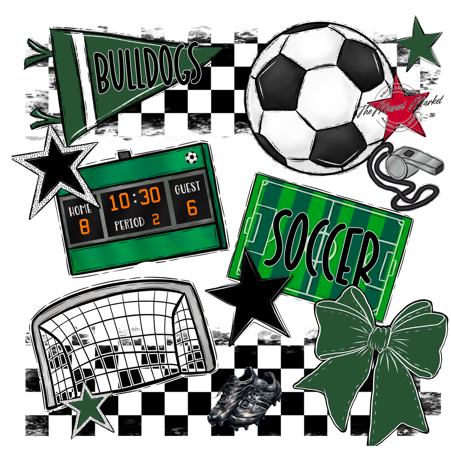 Bulldogs Checkers Soccer Spirit Design-Green