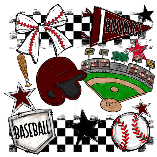 Bulldogs Checkers Baseball Spirit Design-Maroon