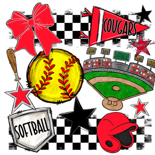 Cougars Checkers Softball Spirit Design-Bright Red