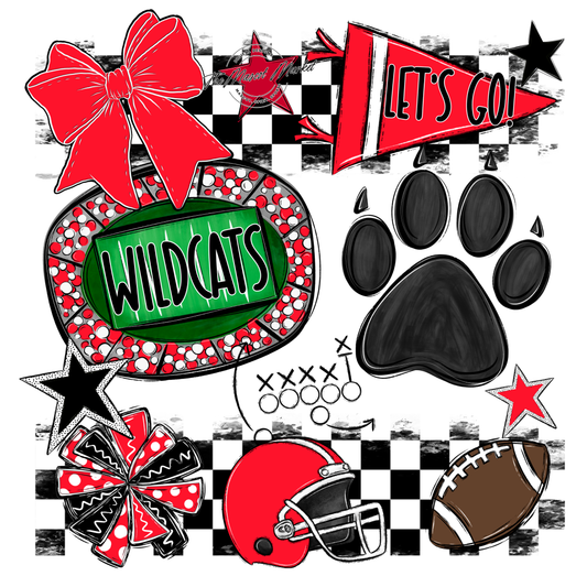 Wildcats Checkers Mascot Spirit Design w Paw-Bright Red
