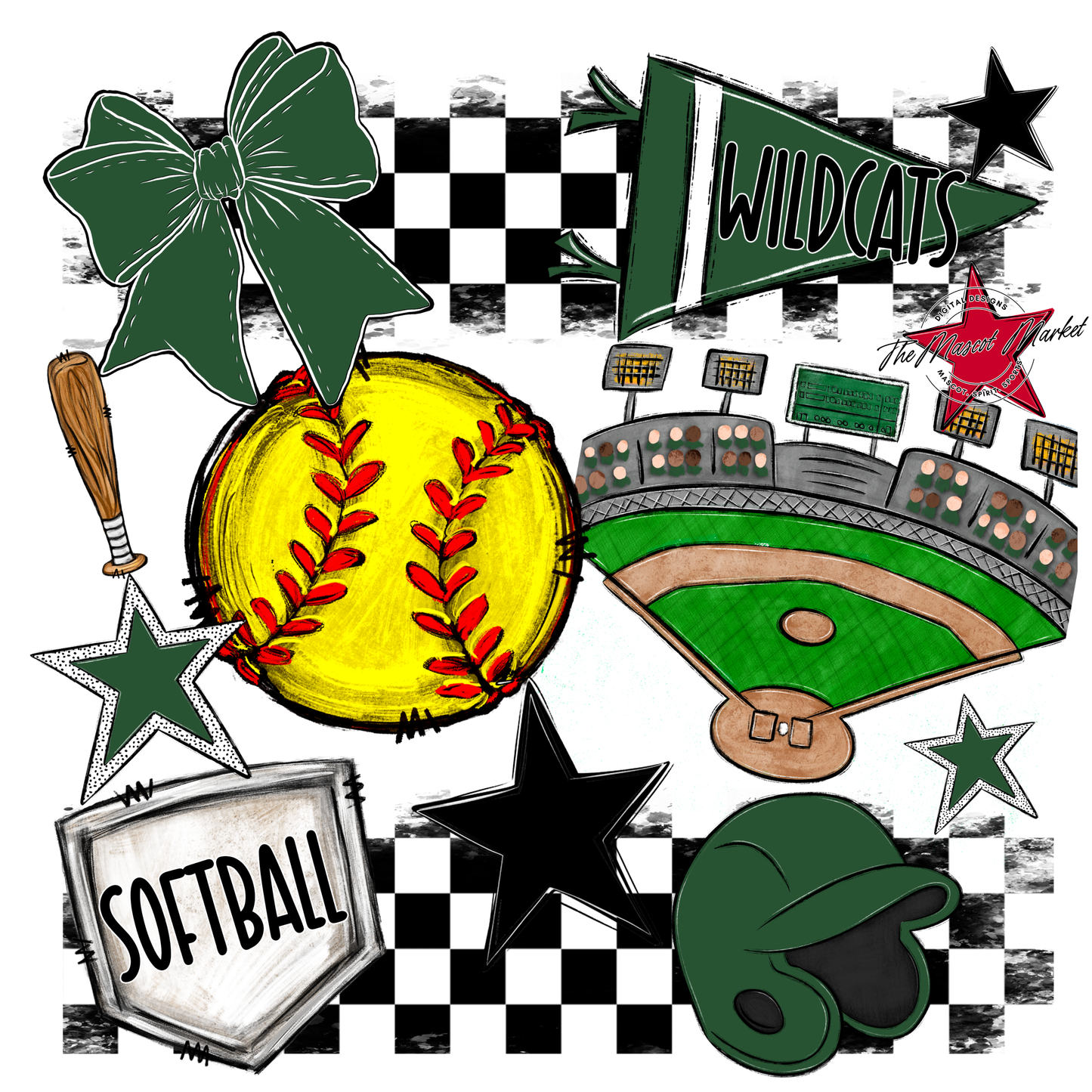 Wildcats Checkers Softball Spirit Design-Green
