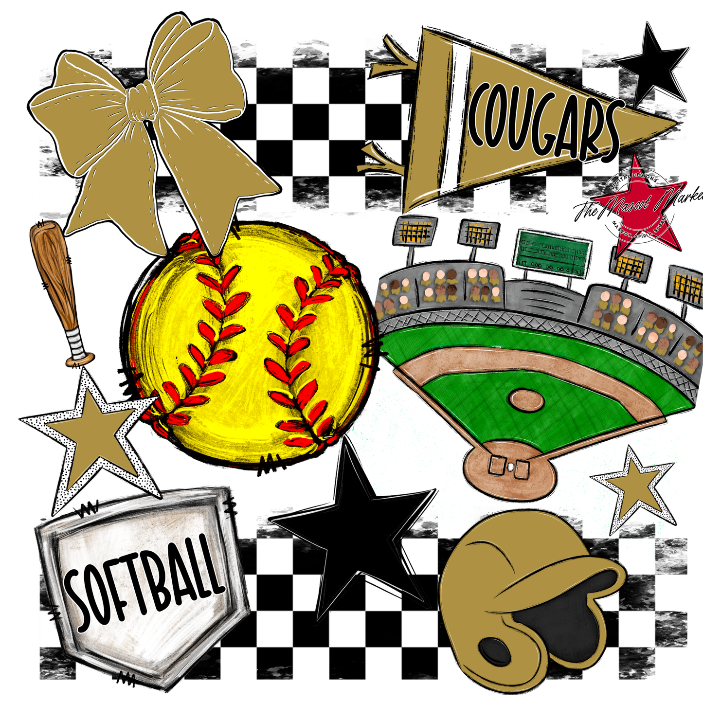 Cougars Checkers Softball Spirit Design-Gold
