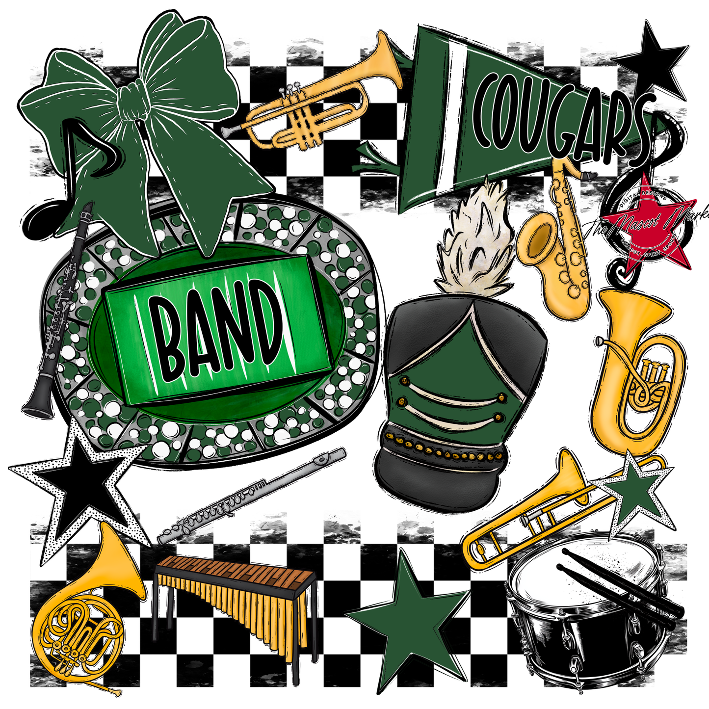 Cougars Checkers Band Spirit Design-Green