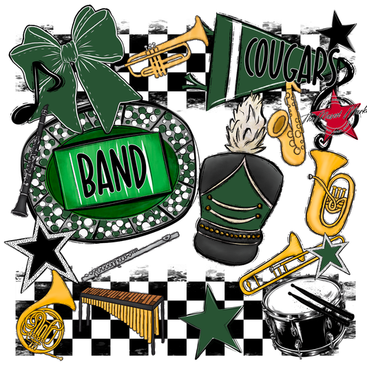 Cougars Checkers Band Spirit Design-Green