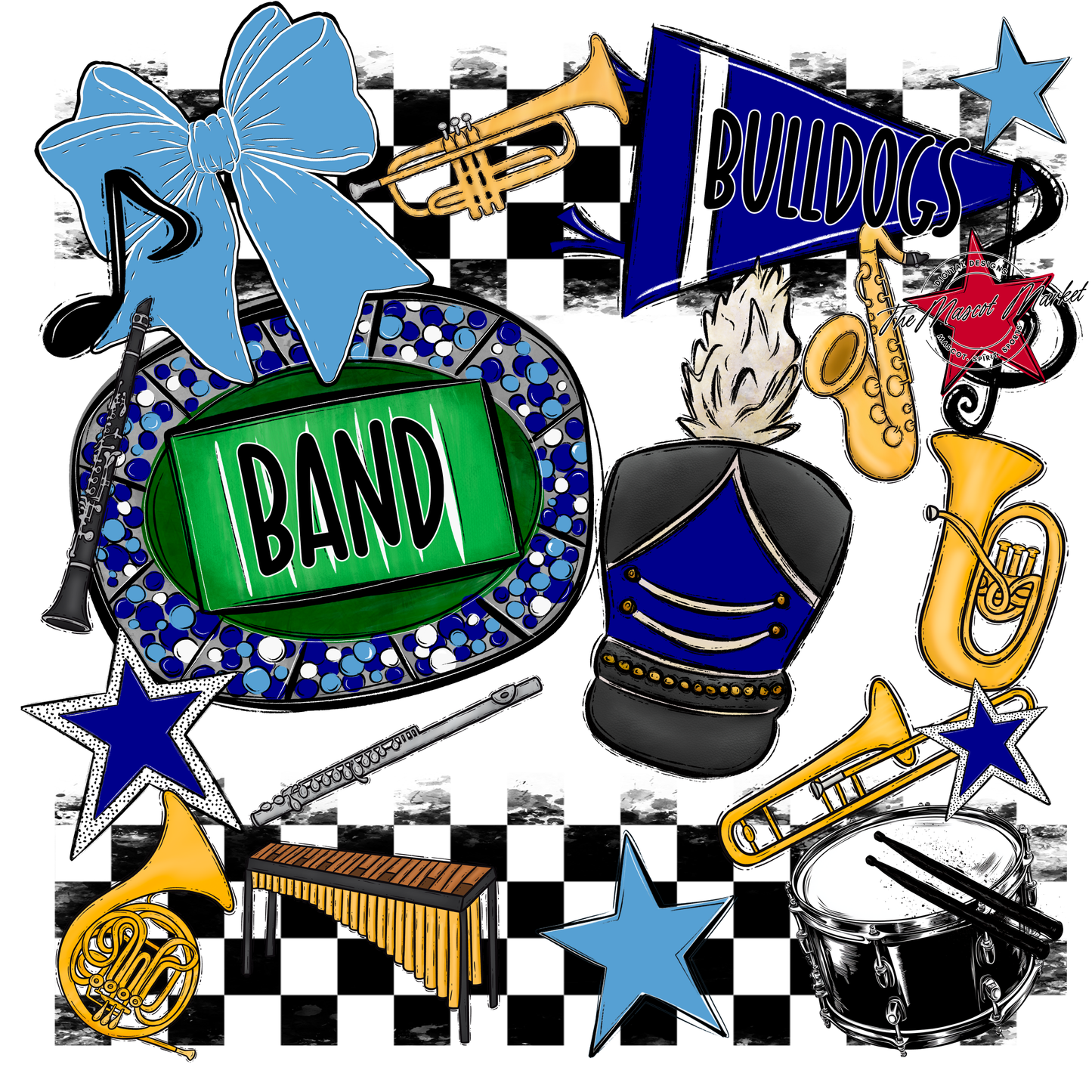 Bulldogs Checkers Band Spirit Design-Blue-Carolina Blue