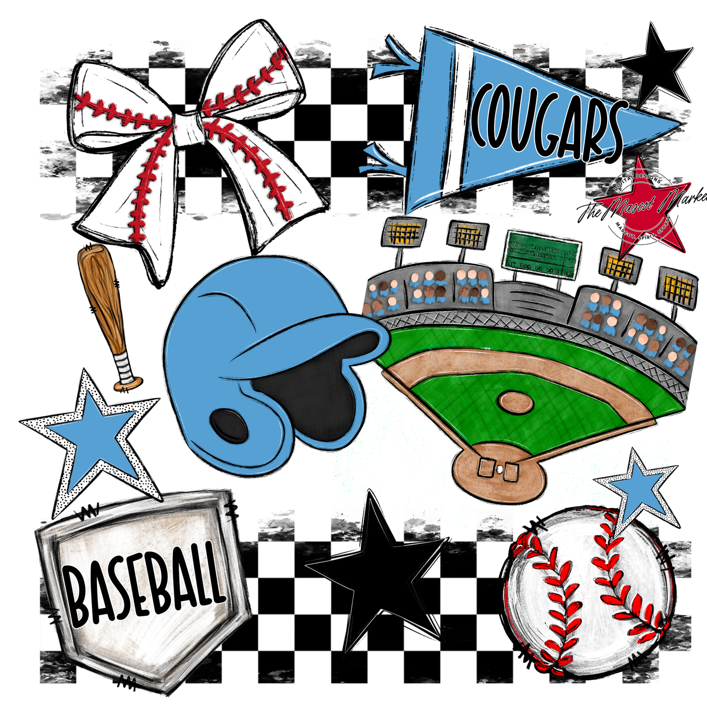Cougars Checkers Baseball Spirit Design-Carolina Blue