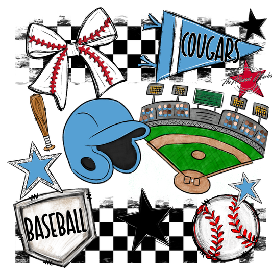 Cougars Checkers Baseball Spirit Design-Carolina Blue