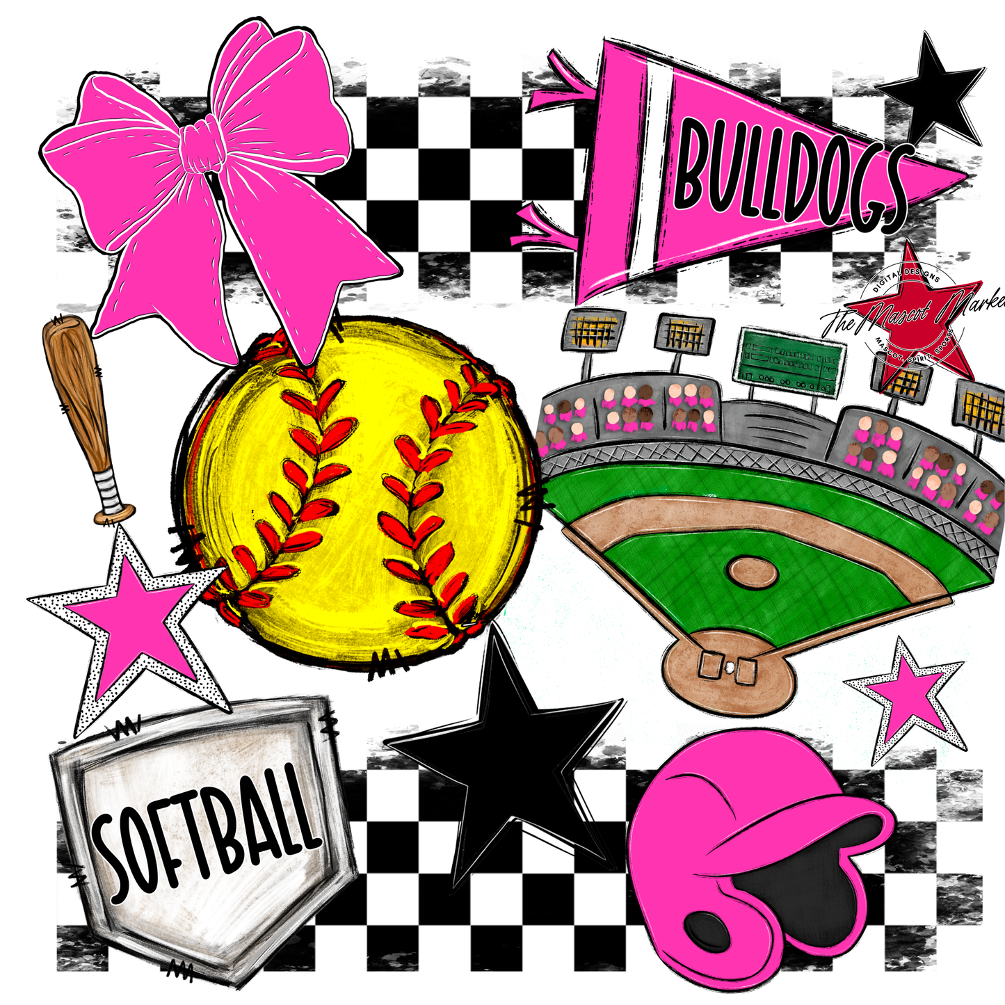 Bulldogs Checkers Softball Spirit Design-Pink