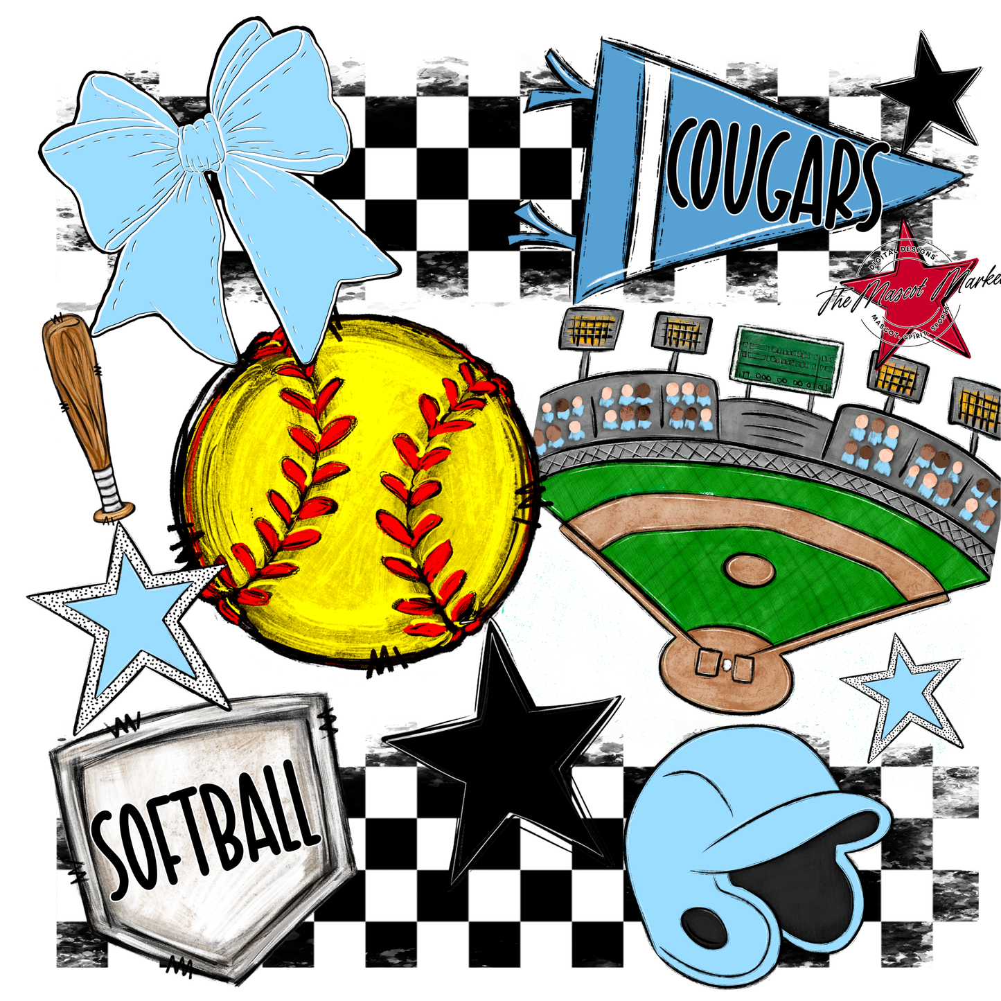 Cougars Checkers Softball Spirit Design-Columbia Blue