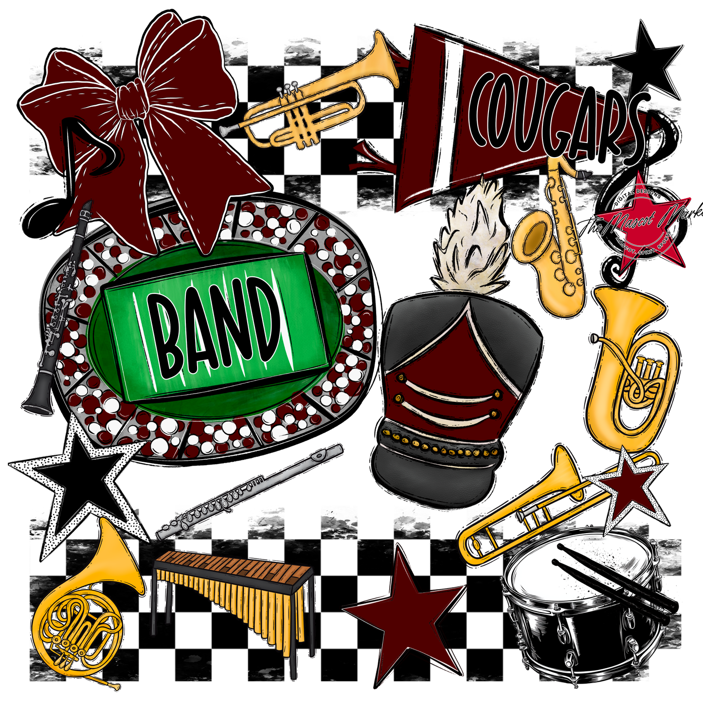 Cougars Checkers Band Spirit Design-Maroon