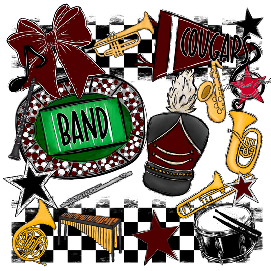 Cougars Checkers Band Spirit Design-Maroon