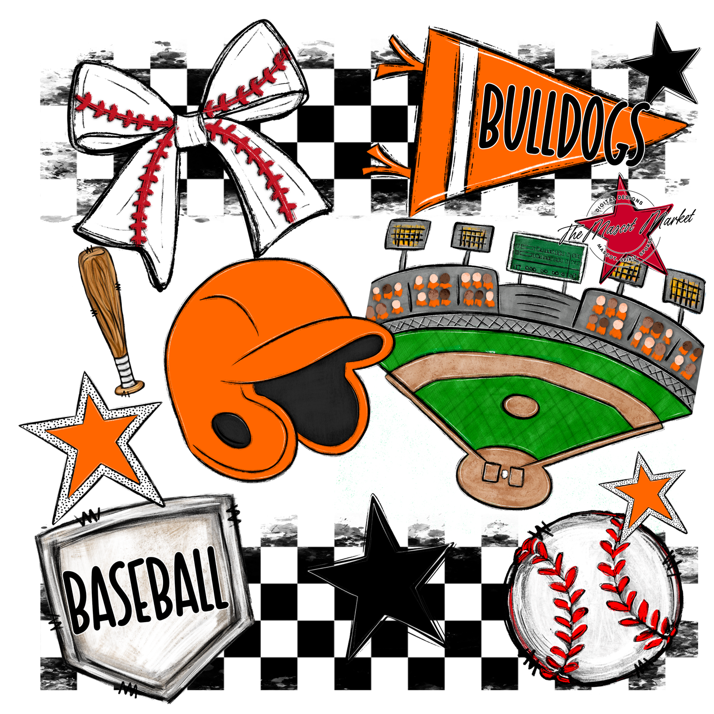Bulldogs Checkers Baseball Spirit Design-Orange