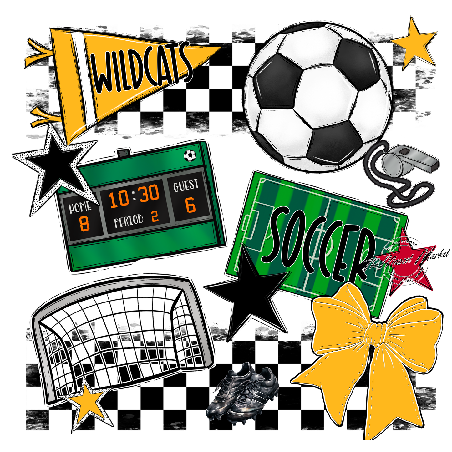 Wildcats Checkers Soccer Spirit Design-Yellow