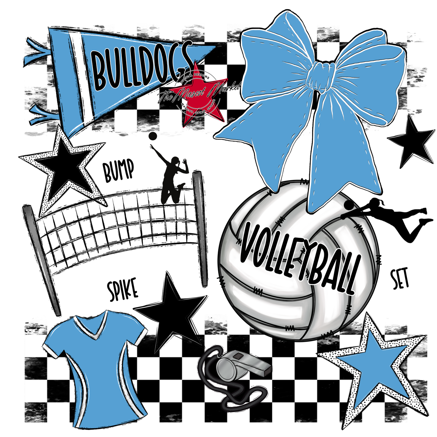 Bulldogs Checkers Volleyball Spirit Design-Carolina Blue