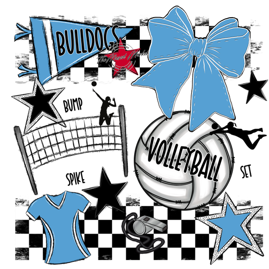 Bulldogs Checkers Volleyball Spirit Design-Carolina Blue