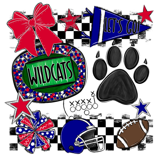 Wildcats Checkers Mascot Spirit Design w Paw-Blue-Red