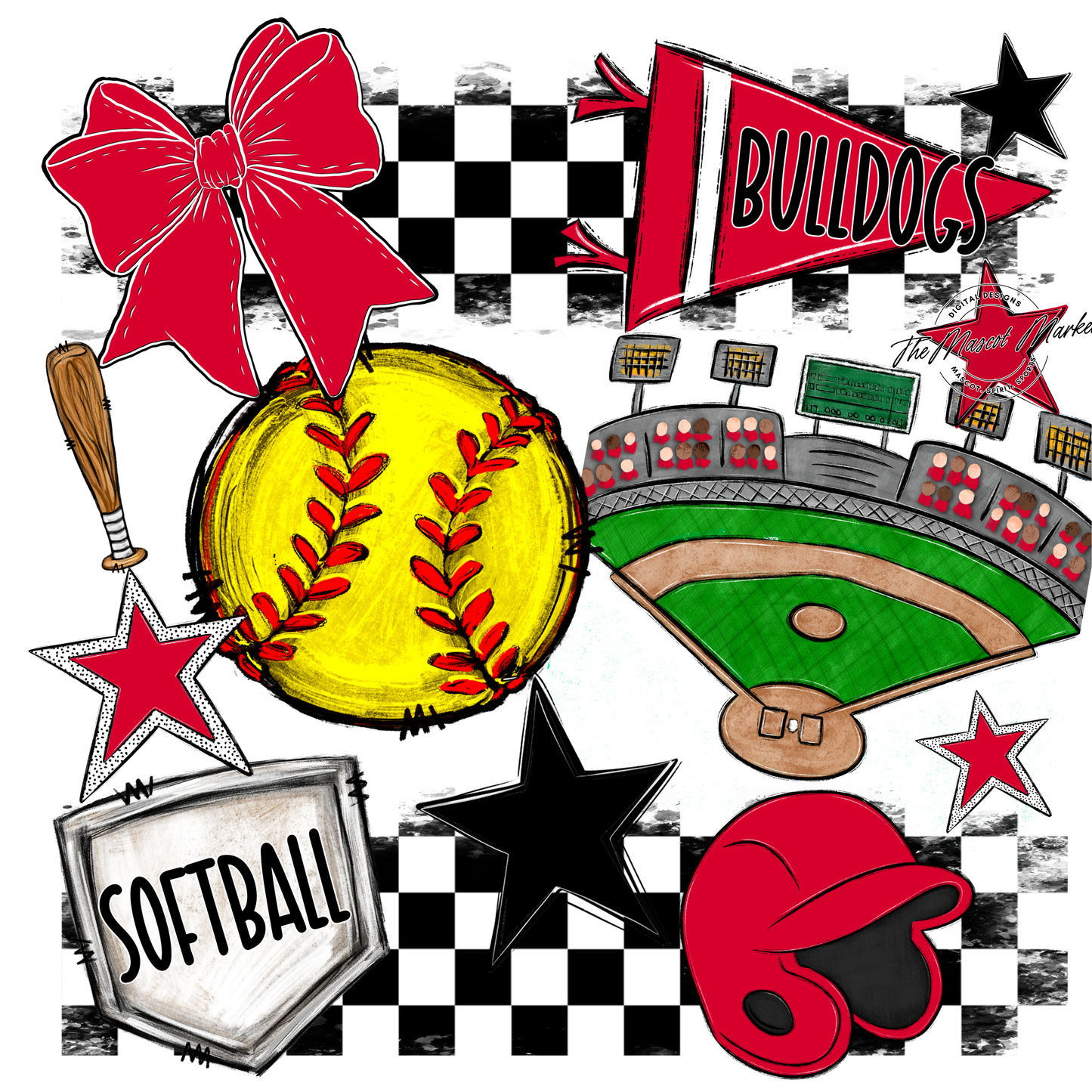 Bulldogs Checkers Softball Spirit Design-Red