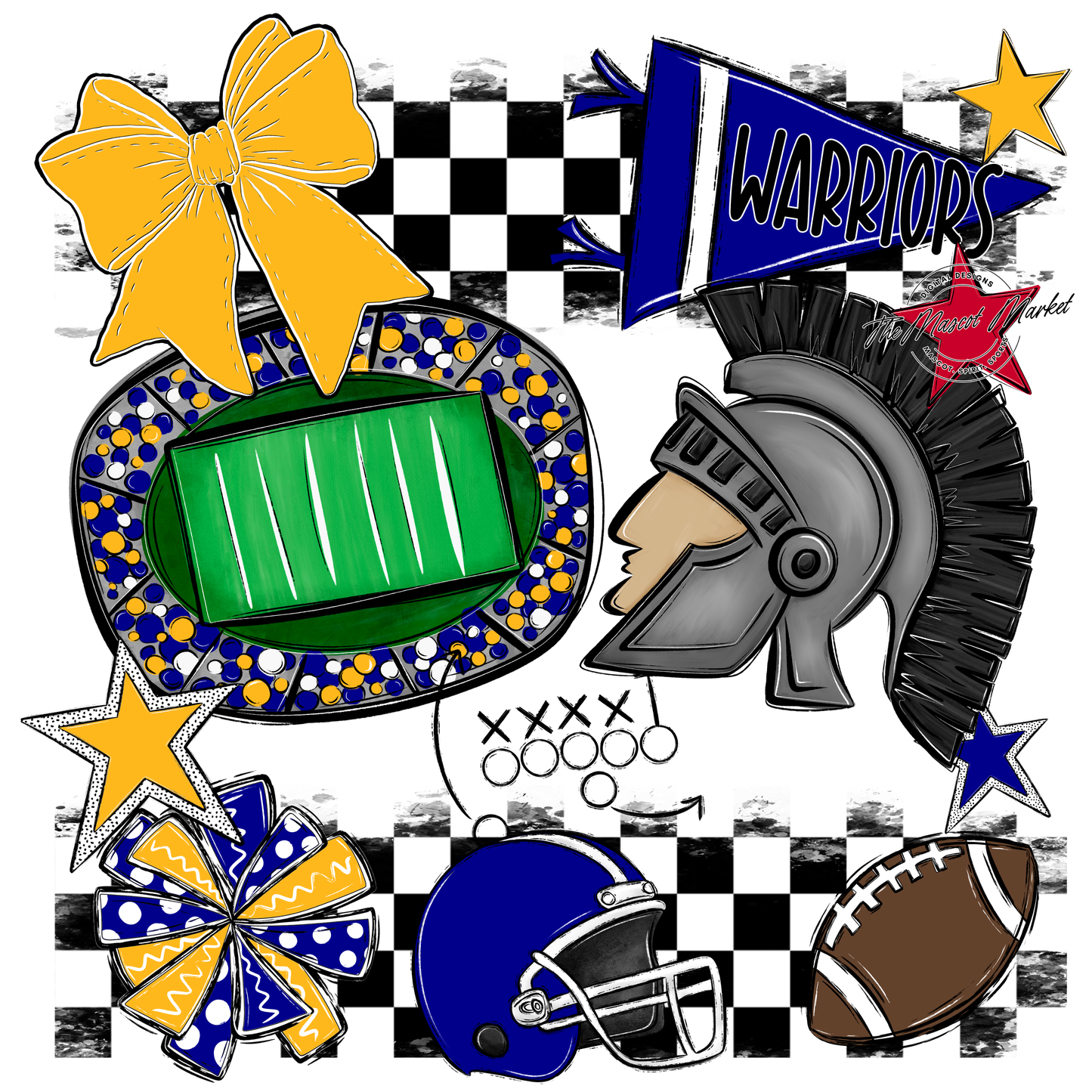 Warriors Checkers Mascot Spirit Design-Blue-Yellow