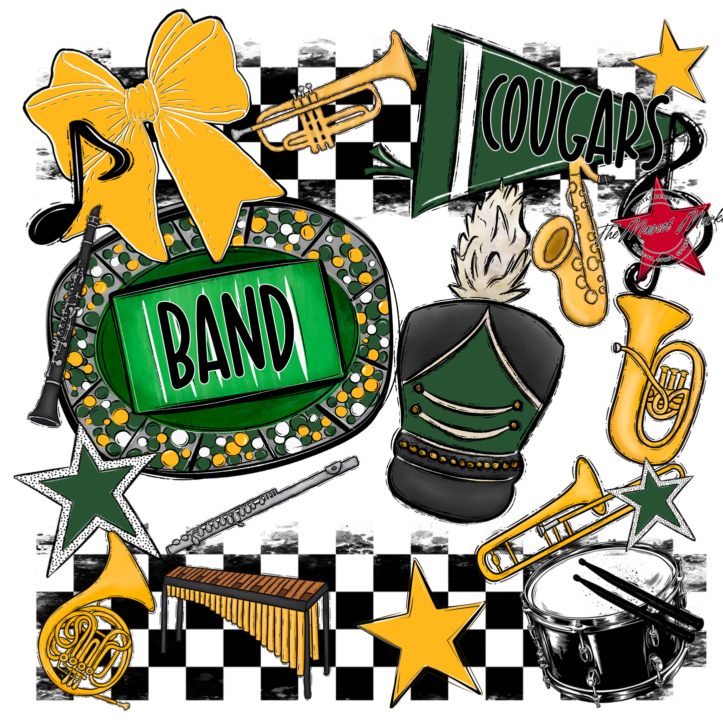 Cougars Checkers Band Spirit Design-Green-Yellow