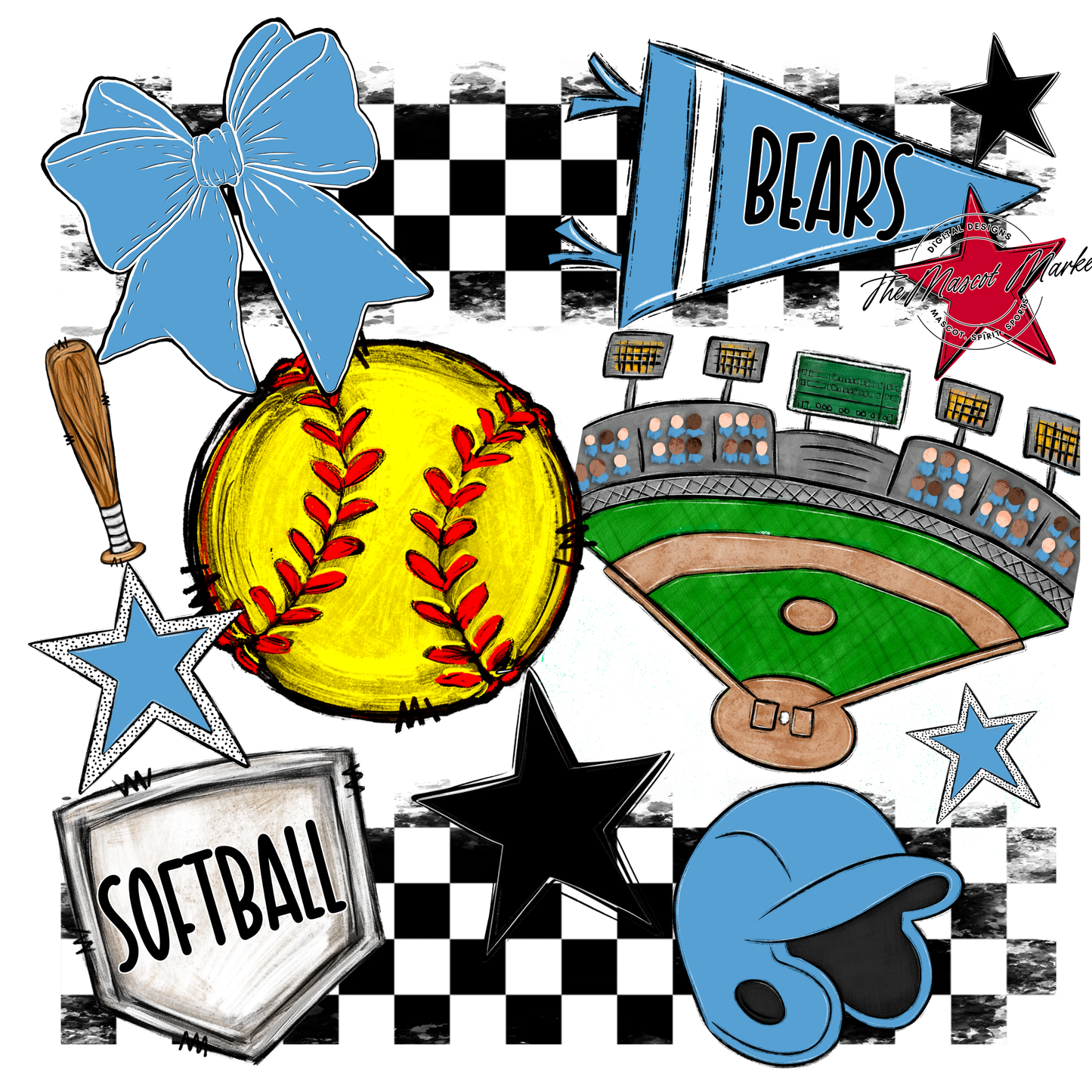 Bears Softball Checkers Design-Carolina Blue