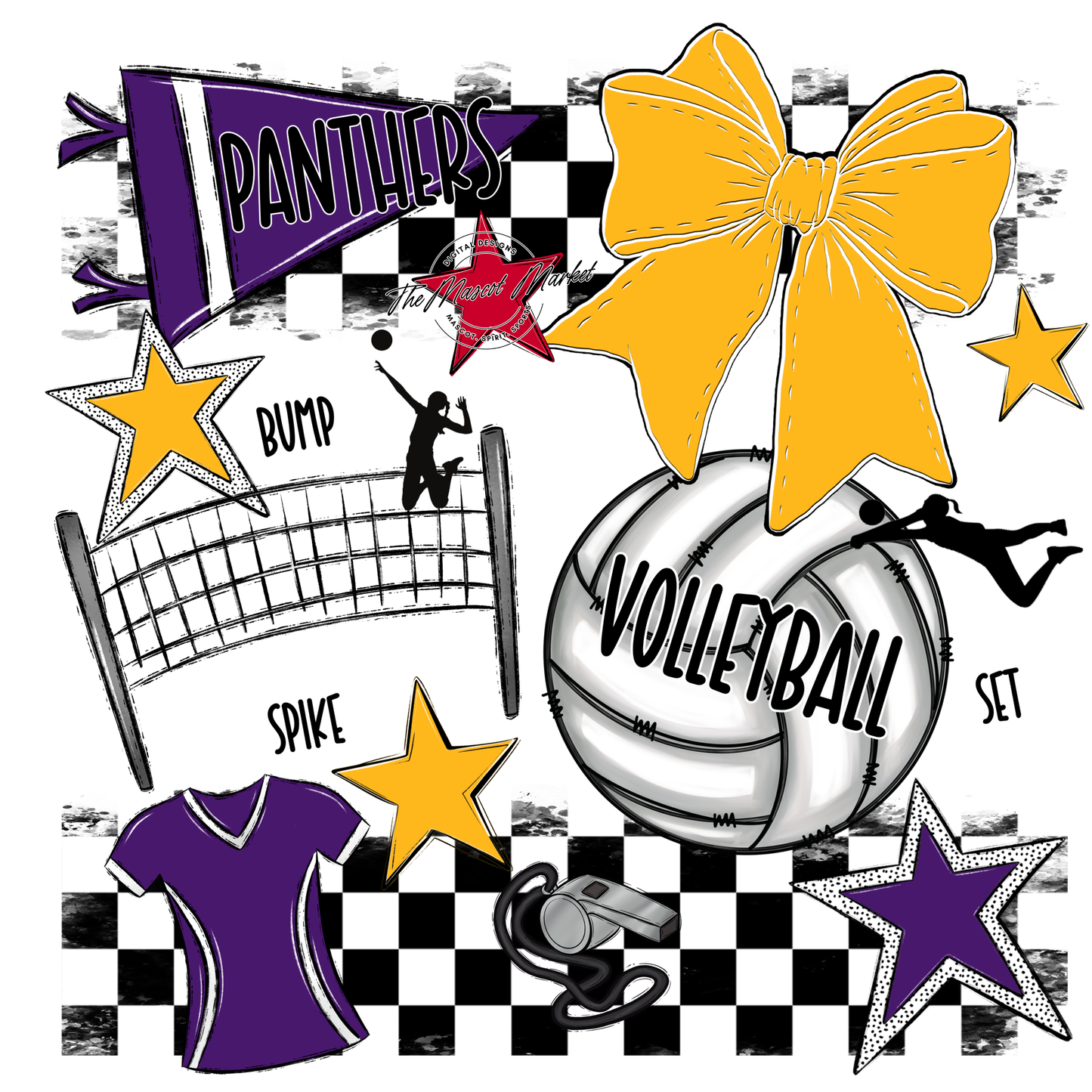 Panthers Checkers Volleyball Spirit Design-Purple-Yellow