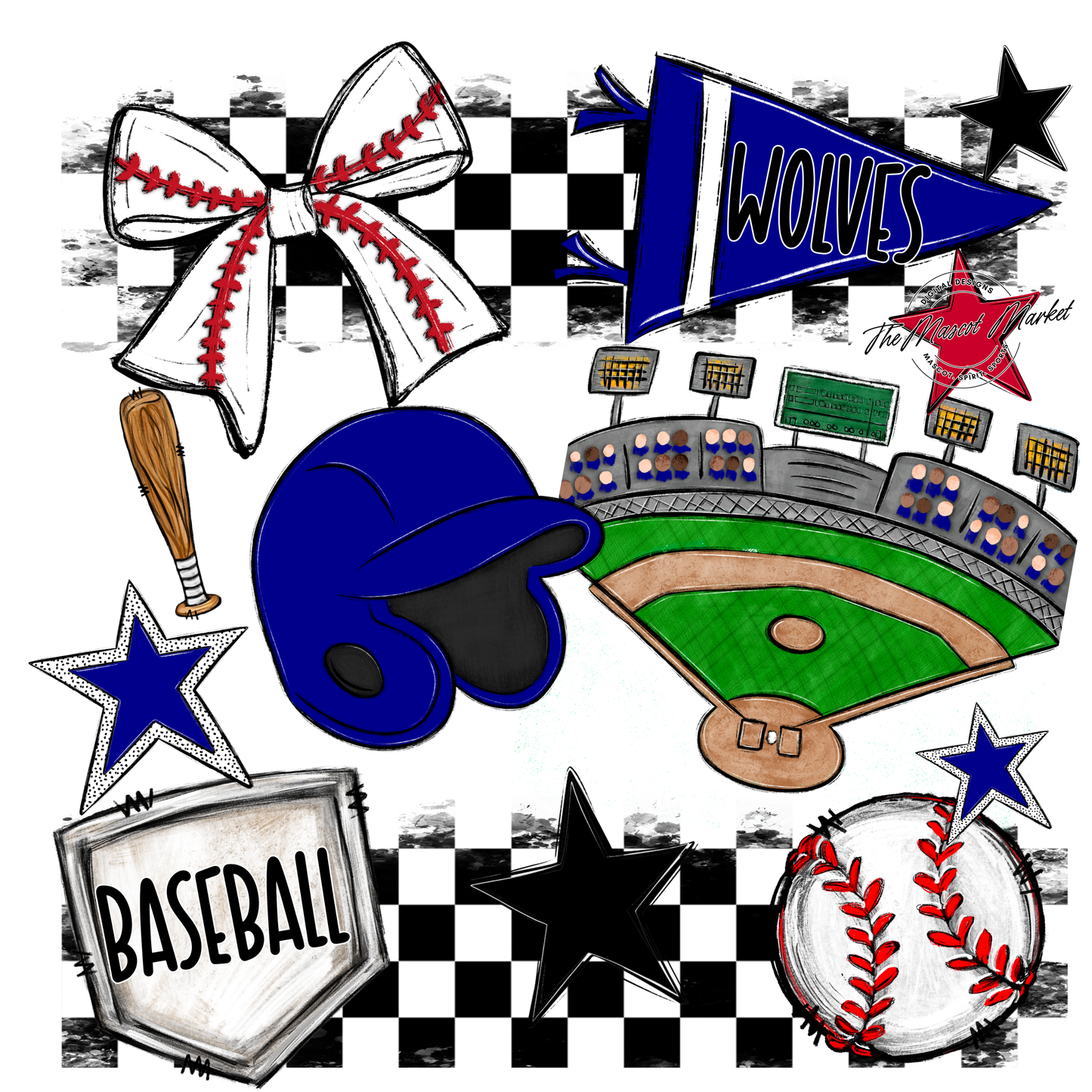Wolves Checkers Baseball Spirit Design-Blue