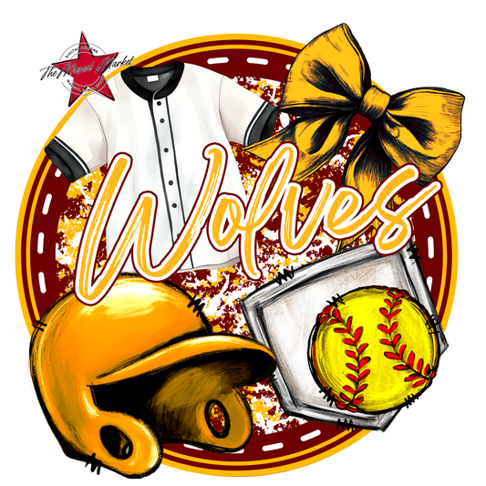 Wolves Circle Softball Design-Maroon-Yellow